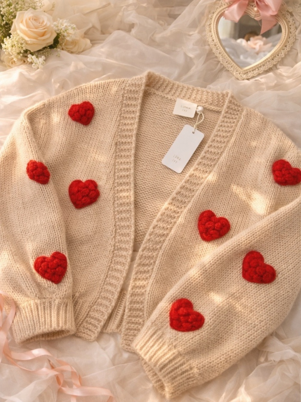NWT Luna Ivy Heart Cardigan Chunky Knit Coquette Heart Valentine Sweater